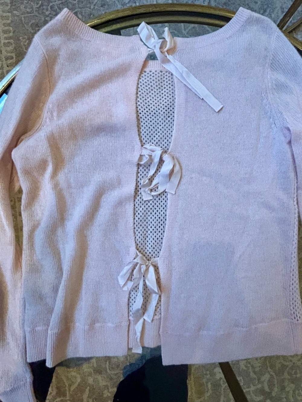 Rebecca Taylor Pink Cashmere Tie Back Sweater, Open Knit Bow Details, Size M - Picture 4 of 8